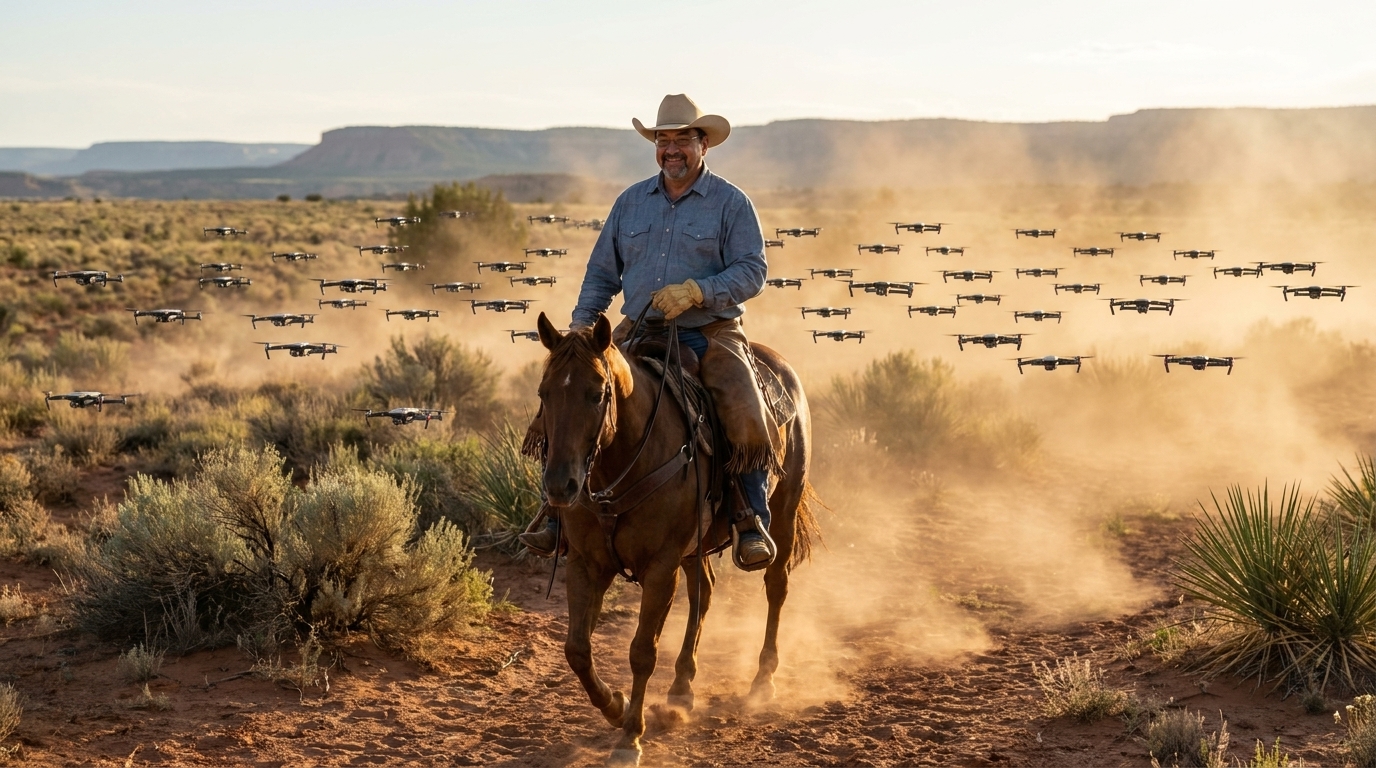 A herd of drones on a dusty Texas plain