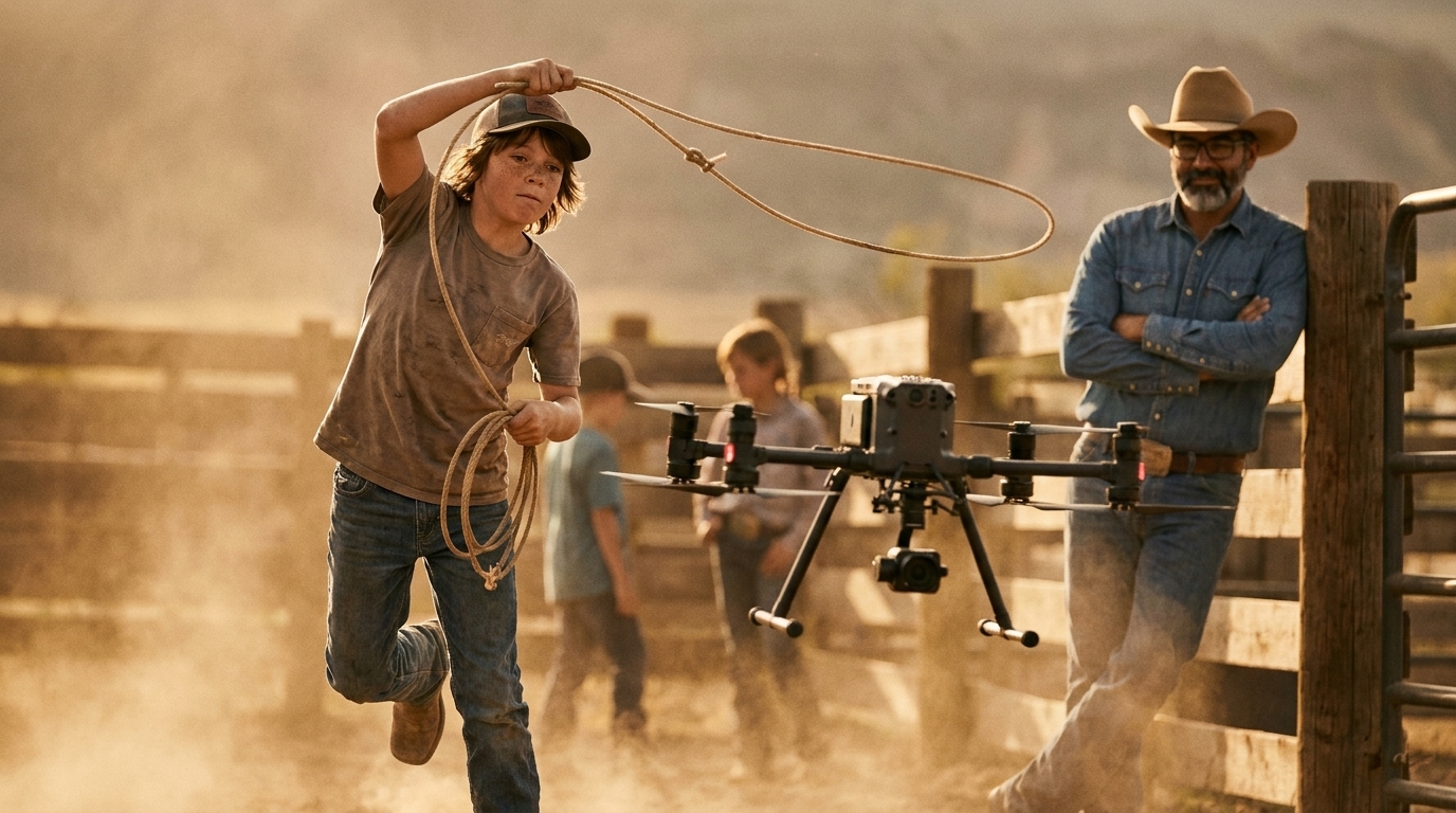 A twelve year old throws a rope at a hovering drone