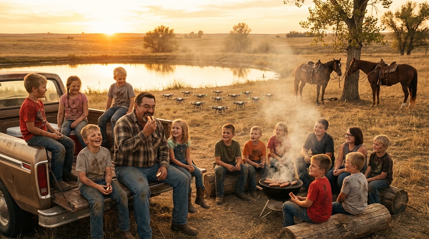 Dinner at the pond with the herd and the kids