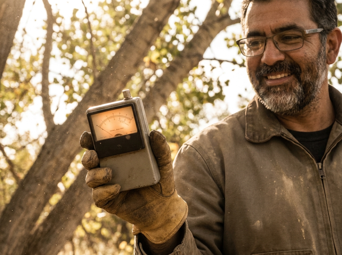 A weathered hand holding a signal analyzer