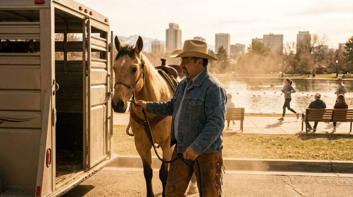 Unloading the horse at Liberty Park