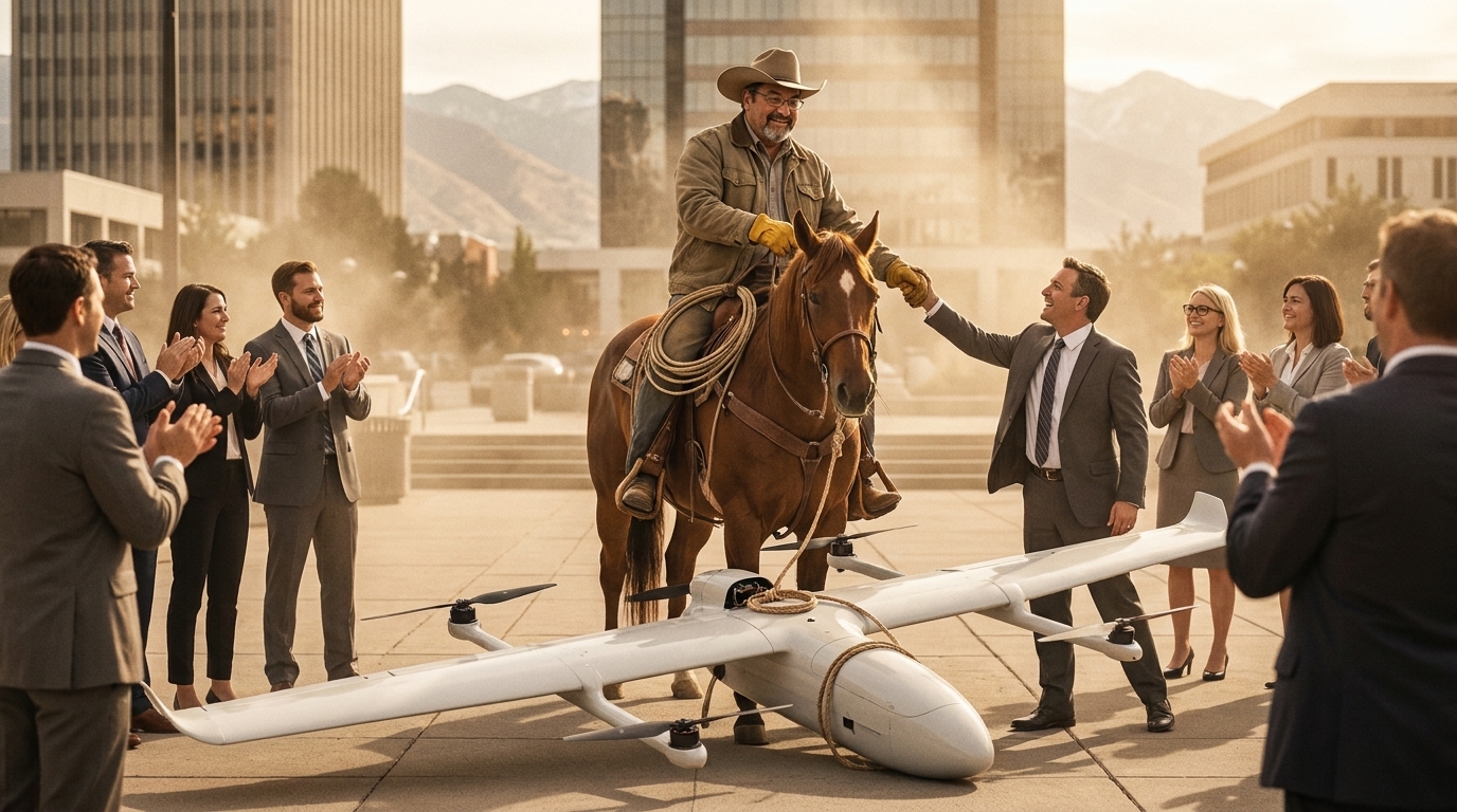 The drone landed on the plaza with a small crowd applauding